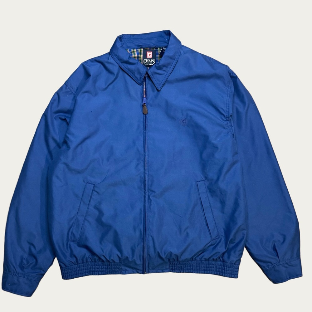 90s Chaps Men's Vibrant Blue Bomber Windbreaker Plaid Interior